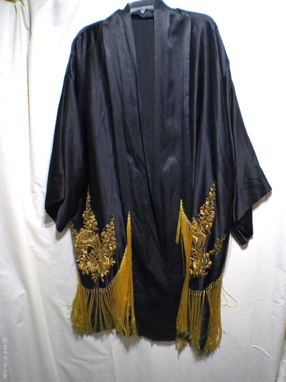 Vintage Shawl Kimono Manila Duster Asian Black Gold Embroidery